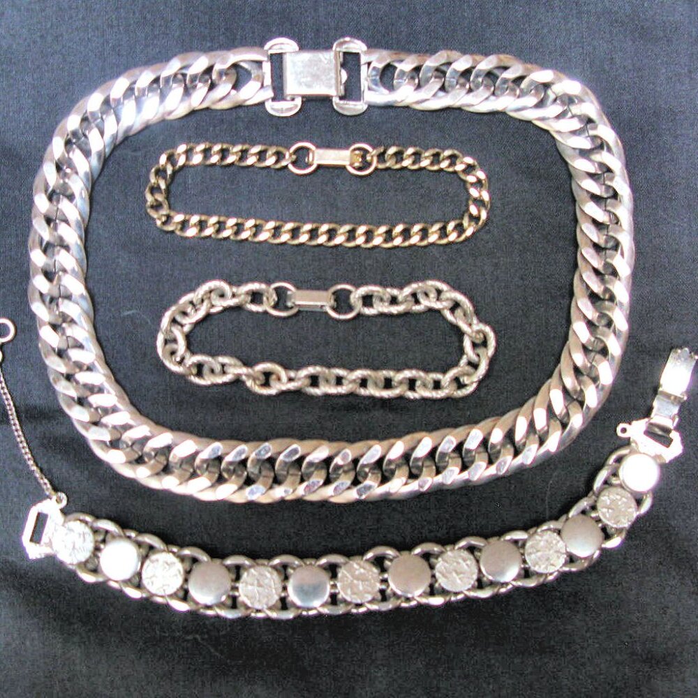 BIKER STAINLESS NECKLACE, 3 METAL BRACELETS, VINTAGE, CHUNKY CHOKER